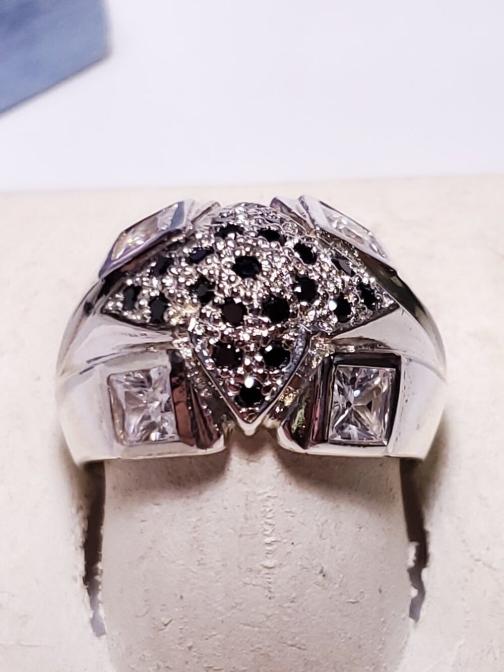 Estate 2.25ctw Rd Black Spinel & Princess CZ Sterling Silver Dome top Ring#24495